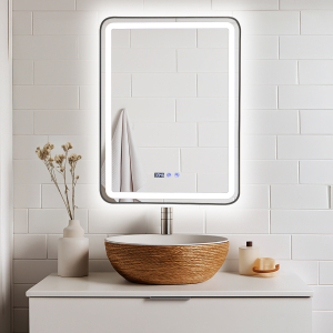 Fürdőszoba tükör LED világítással és páramentesítő funkcióval - Ezüst keret 