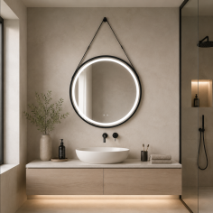 Fürdőszobai tükör LED világítással és páramentesítő funkcióval Senara – 70x70 cm