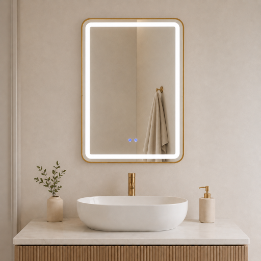 Fürdőszobai tükör Bianca LED világítással és páramentesítő funkcióval – arany keret, 60x80 cm