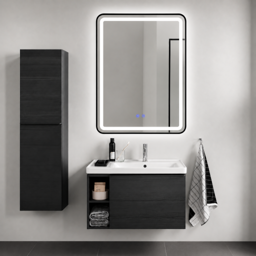Fürdőszobai tükör Bianca LED világítással és páramentesítő funkcióval – fekete keret, 60x80 cm
